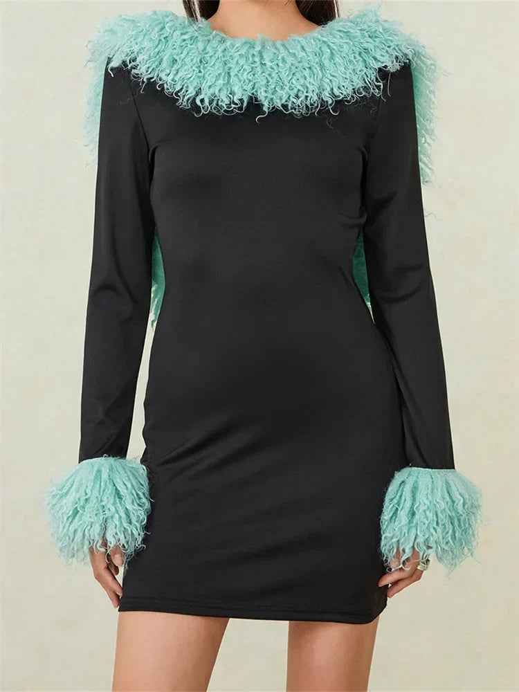 Faux Fur Collar and Cuff Long Sleeve Bodycon Mini Dress
