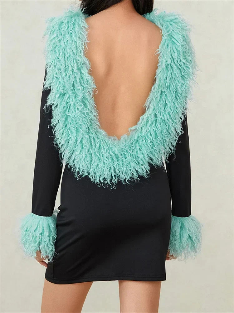 Faux Fur Collar and Cuff Long Sleeve Bodycon Mini Dress