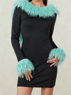 Faux Fur Collar and Cuff Long Sleeve Bodycon Mini Dress