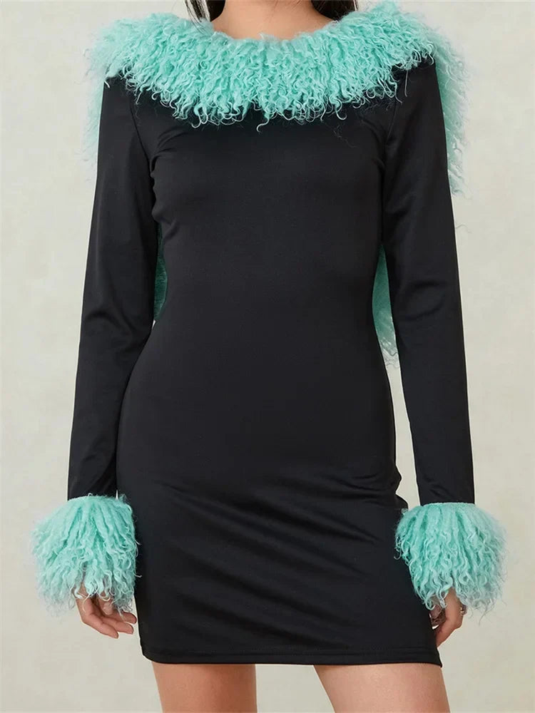 Faux Fur Collar and Cuff Long Sleeve Bodycon Mini Dress