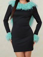 Faux Fur Collar and Cuff Long Sleeve Bodycon Mini Dress