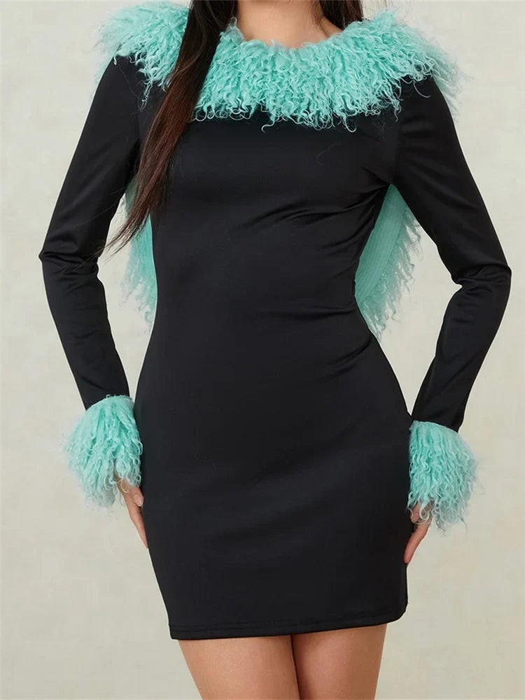 Faux Fur Collar and Cuff Long Sleeve Bodycon Mini Dress