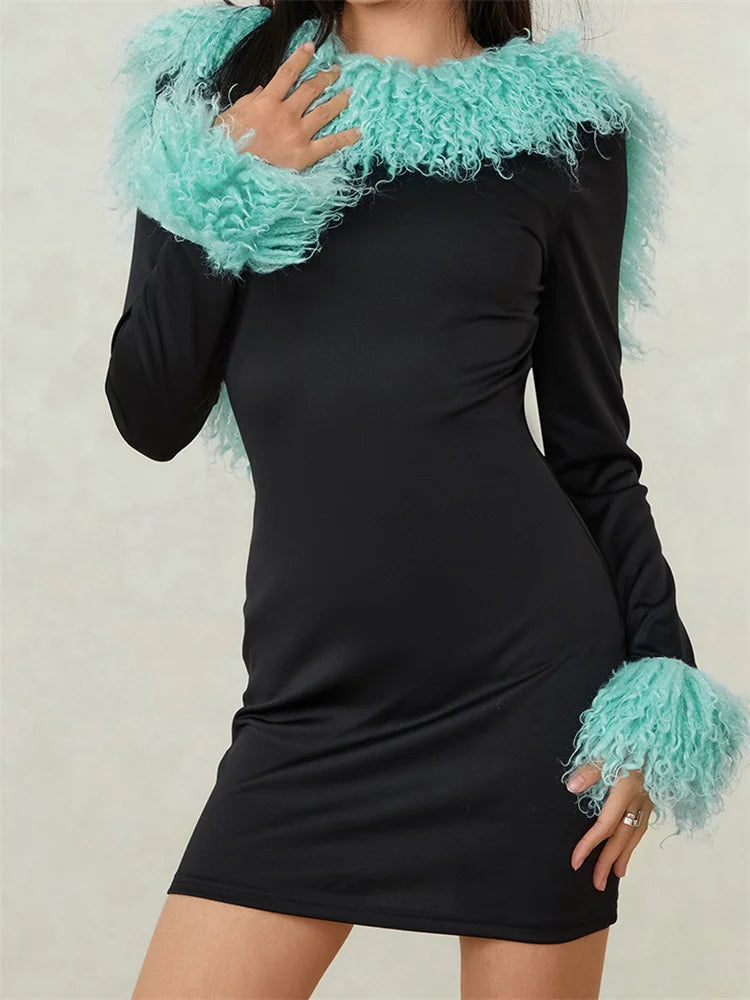 Faux Fur Collar and Cuff Long Sleeve Bodycon Mini Dress