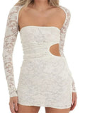 Floral Lace Strapless Cutout Ruched Shrug Sleeve Mini Dress