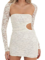 Floral Lace Strapless Cutout Ruched Shrug Sleeve Mini Dress