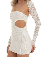 Floral Lace Strapless Cutout Ruched Shrug Sleeve Mini Dress