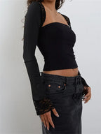 Women Strapless Off Shoulder Black Tube Cropped Summer Party Clubwear with Long Sleeve Lace See Through T-shirts Crop Top