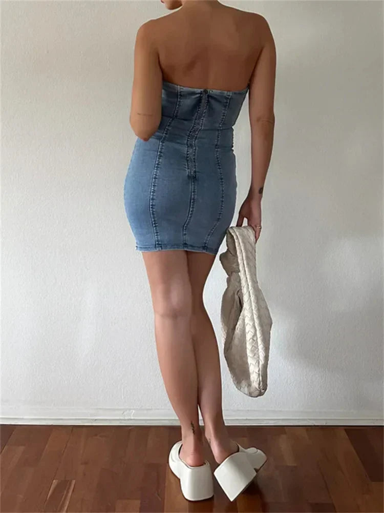 Strapless Denim Panel Corset Bodycon Mini Dress