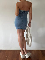 Strapless Denim Panel Corset Bodycon Mini Dress