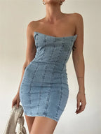 Strapless Denim Panel Corset Bodycon Mini Dress
