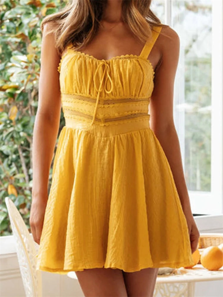 Ruched Tie Front Lace Waist Band A-Line Mini Dress