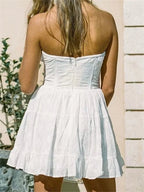 Eyelet Lace Corset Button Front Drawstring Tie Tiered Mini Dress
