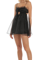Mesh Layered Ruched Bust Cutout Babydoll Mini Dress