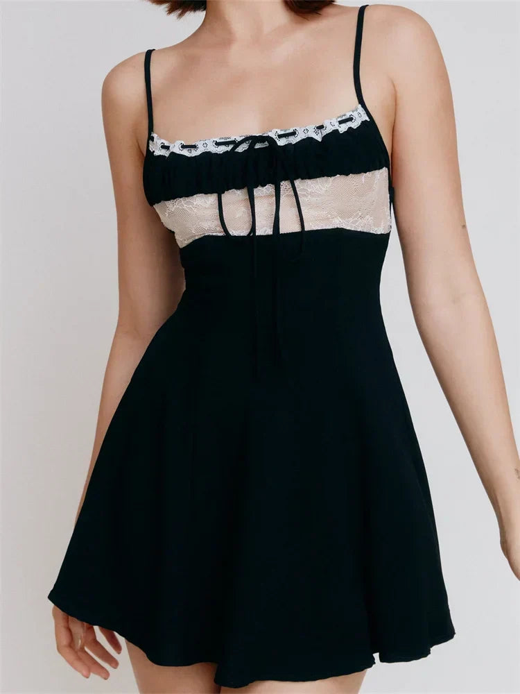 Lace Trim Ruffle Bow Tie Front Spaghetti Strap A-Line Mini Dress
