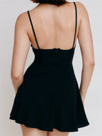 Lace Trim Ruffle Bow Tie Front Spaghetti Strap A-Line Mini Dress