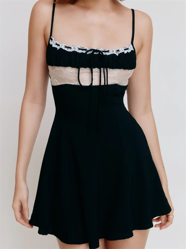 Lace Trim Ruffle Bow Tie Front Spaghetti Strap A-Line Mini Dress