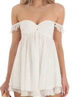 Off Shoulder Twist Front Ruffle Sleeve Empire Waist Layered Mini Dress