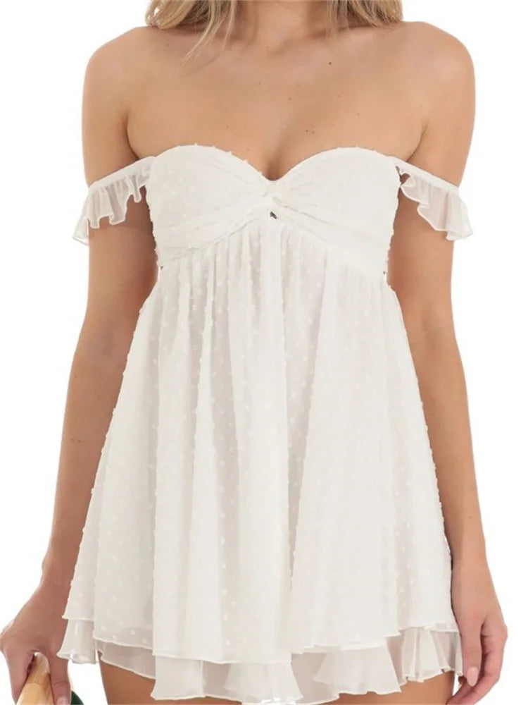 Off Shoulder Twist Front Ruffle Sleeve Empire Waist Layered Mini Dress