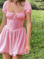 Square Neck Lace Up Corset Puff Sleeve Lace Trim Fit and Flare Mini Dress