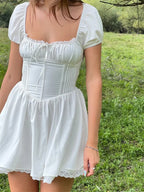 Square Neck Lace Up Corset Puff Sleeve Lace Trim Fit and Flare Mini Dress
