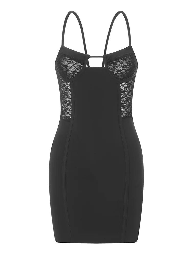 Lace Insert Bustier Spaghetti Strap Bodycon Mini Dress