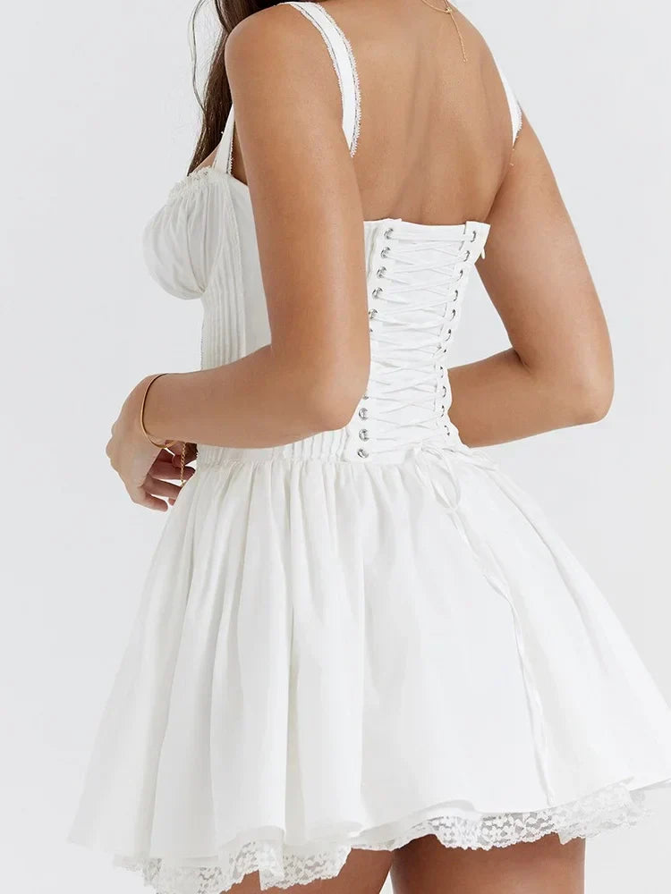 Square Neck Tie Front Corset Drop Waist Lace Trim Fit and Flare Mini Dress