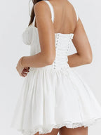 Square Neck Tie Front Corset Drop Waist Lace Trim Fit and Flare Mini Dress