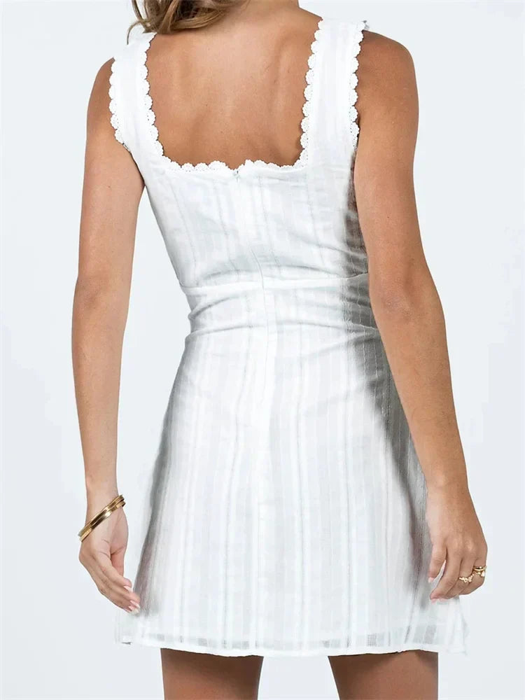 Square Neck Lace Trim Wide Strap Empire Waist Bodycon Mini Dress