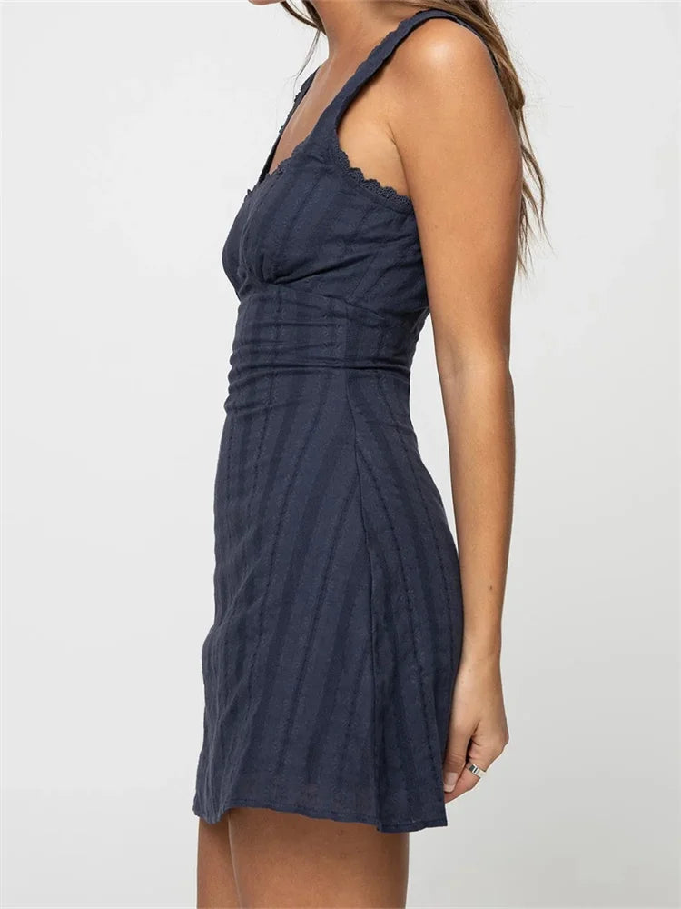 Square Neck Lace Trim Wide Strap Empire Waist Bodycon Mini Dress