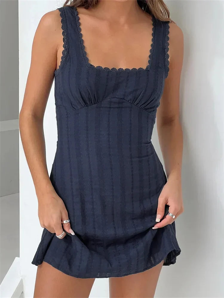 Square Neck Lace Trim Wide Strap Empire Waist Bodycon Mini Dress