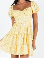Sweetheart Neck Puff Sleeve Tiered Ditsy Floral Print Mini Dress