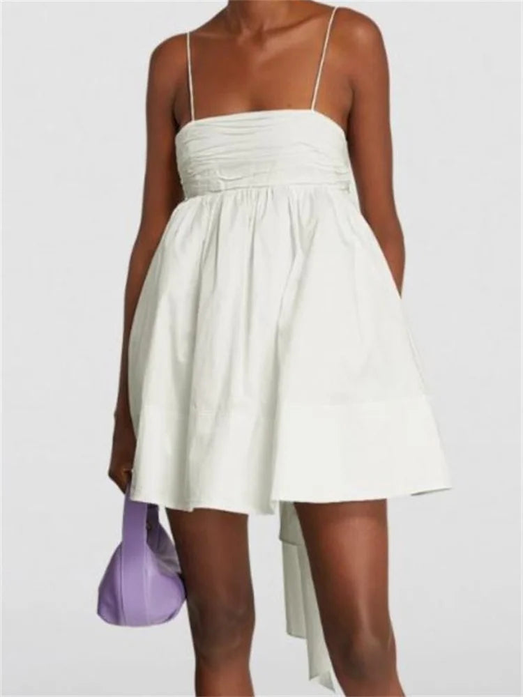 Ruched Empire Waist Bubble Hem Tie Back Spaghetti Strap Mini Dress