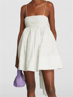 Ruched Empire Waist Bubble Hem Tie Back Spaghetti Strap Mini Dress