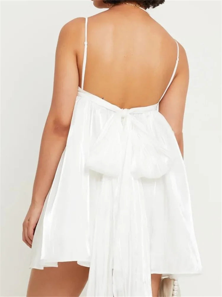Ruched Empire Waist Bubble Hem Tie Back Spaghetti Strap Mini Dress