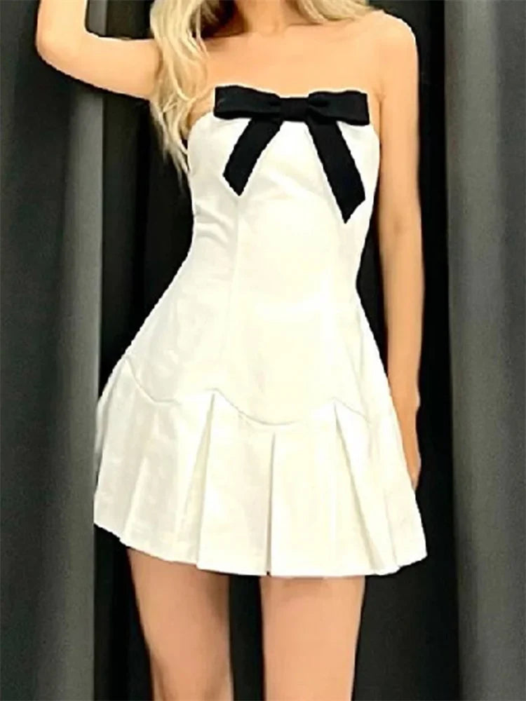 Strapless Bow Front Knife Pleat Drop Waist Mini Dress