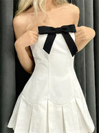 Strapless Bow Front Knife Pleat Drop Waist Mini Dress