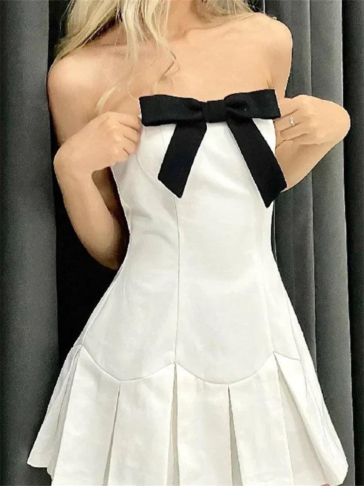 Strapless Bow Front Knife Pleat Drop Waist Mini Dress