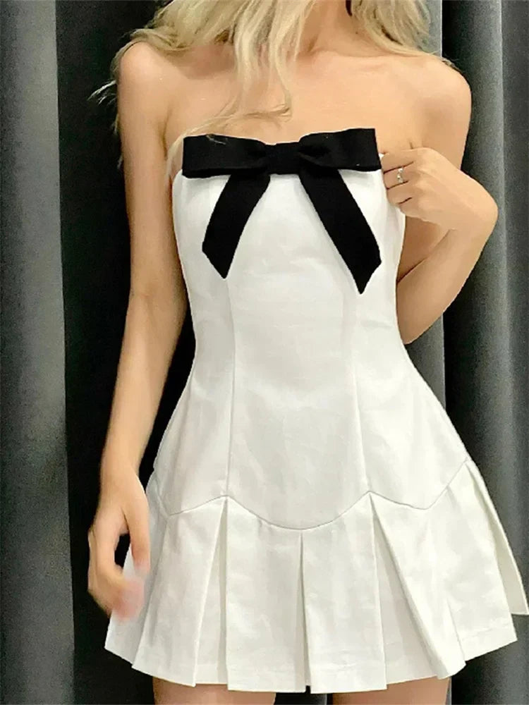 Strapless Bow Front Knife Pleat Drop Waist Mini Dress