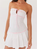 Strapless Lace Trim Keyhole Bow Ribbon Pleated Drop Waist Mini Dress
