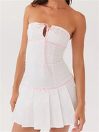 Strapless Lace Trim Keyhole Bow Ribbon Pleated Drop Waist Mini Dress
