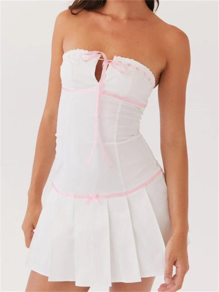 Strapless Lace Trim Keyhole Bow Ribbon Pleated Drop Waist Mini Dress