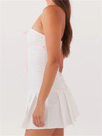 Strapless Lace Trim Keyhole Bow Ribbon Pleated Drop Waist Mini Dress