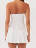 Strapless Lace Trim Keyhole Bow Ribbon Pleated Drop Waist Mini Dress