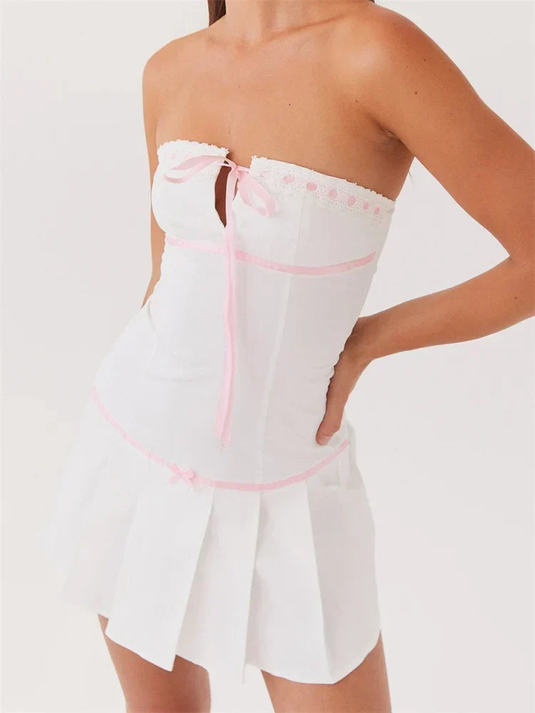 Strapless Lace Trim Keyhole Bow Ribbon Pleated Drop Waist Mini Dress