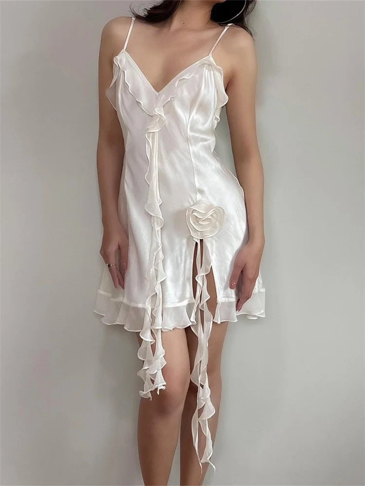 Satin Spaghetti Strap Center Ruffle 3D Floral Appliqué Tiered Ruffle Hem Mini Dress