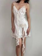 Satin Spaghetti Strap Center Ruffle 3D Floral Appliqué Tiered Ruffle Hem Mini Dress