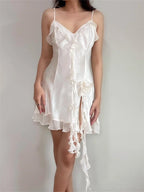 Satin Spaghetti Strap Center Ruffle 3D Floral Appliqué Tiered Ruffle Hem Mini Dress