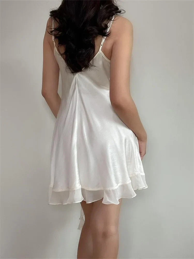 Satin Spaghetti Strap Center Ruffle 3D Floral Appliqué Tiered Ruffle Hem Mini Dress