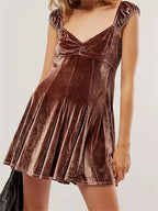 Velvet Ruched V-Neck Cap Sleeve Fit and Flare Mini Dress