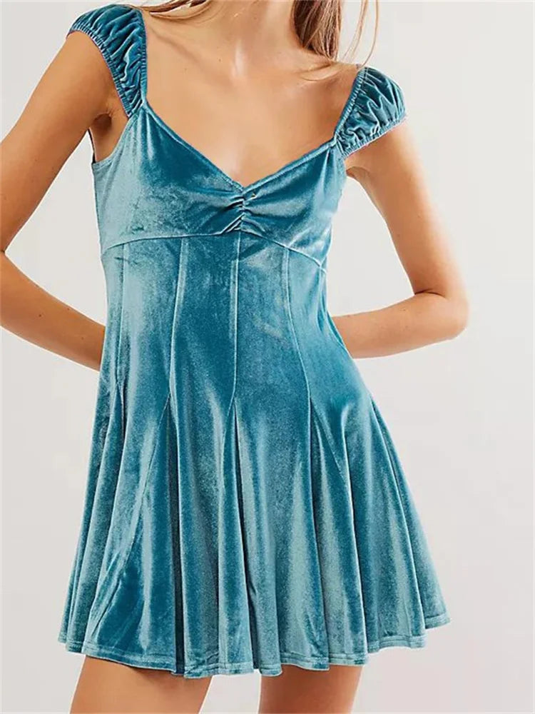 Velvet Ruched V-Neck Cap Sleeve Fit and Flare Mini Dress